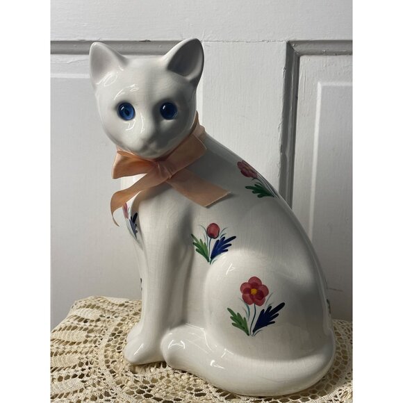 Vintage ELPA Alcobaca Portugal White Ceramic Cat Blue Glass Eyes - Picture 8 of 14